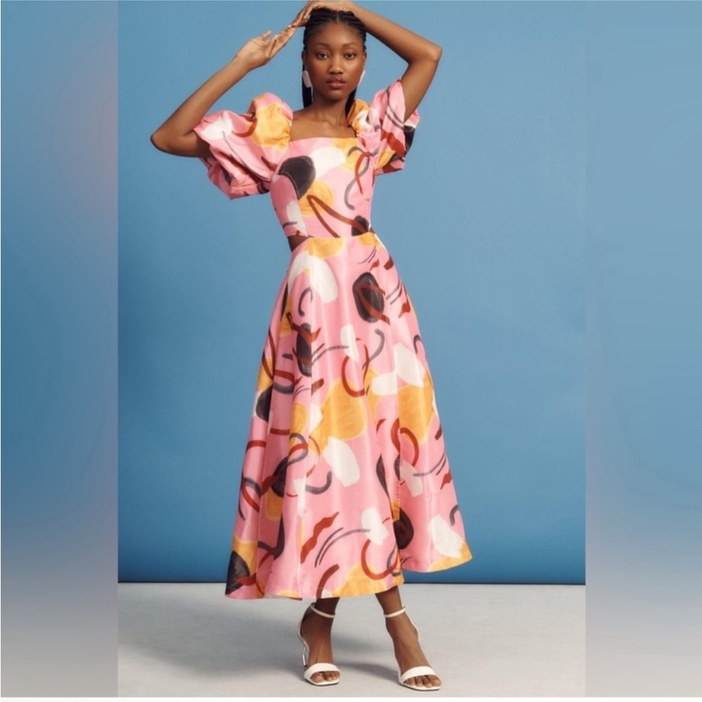 Anthropologie Pink & Yellow Abstract Midi Dress